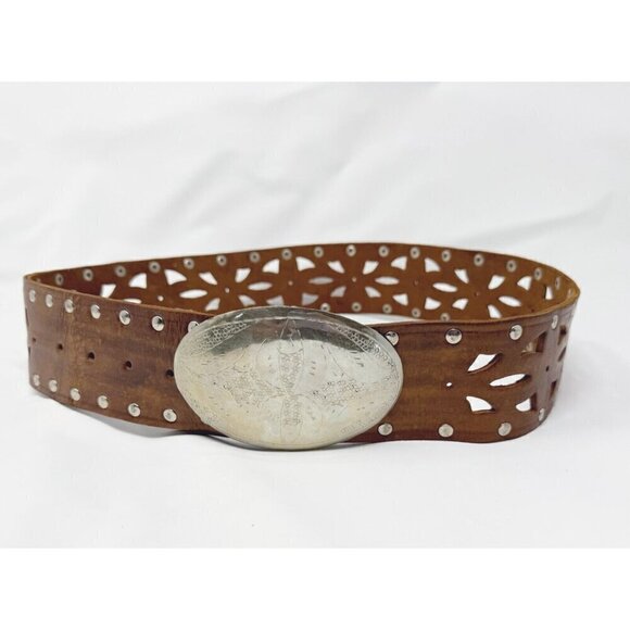Chico's Sz M Wide Brown GENUINE LEATHER Studded Cowgirl Western Belt Perforated - Picture 1 of 9